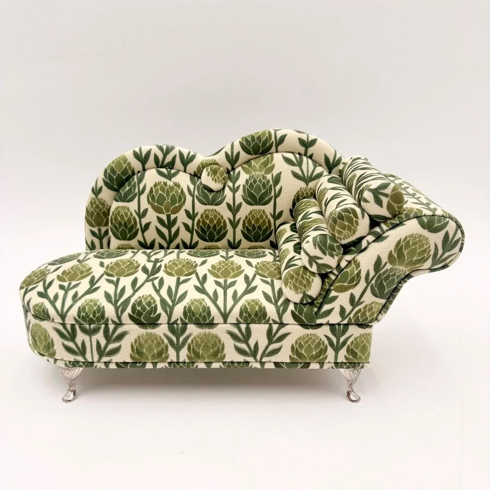 Vintage Style Mini Chaise Lounge Jewelry Box Green Artichoke Botanical Print